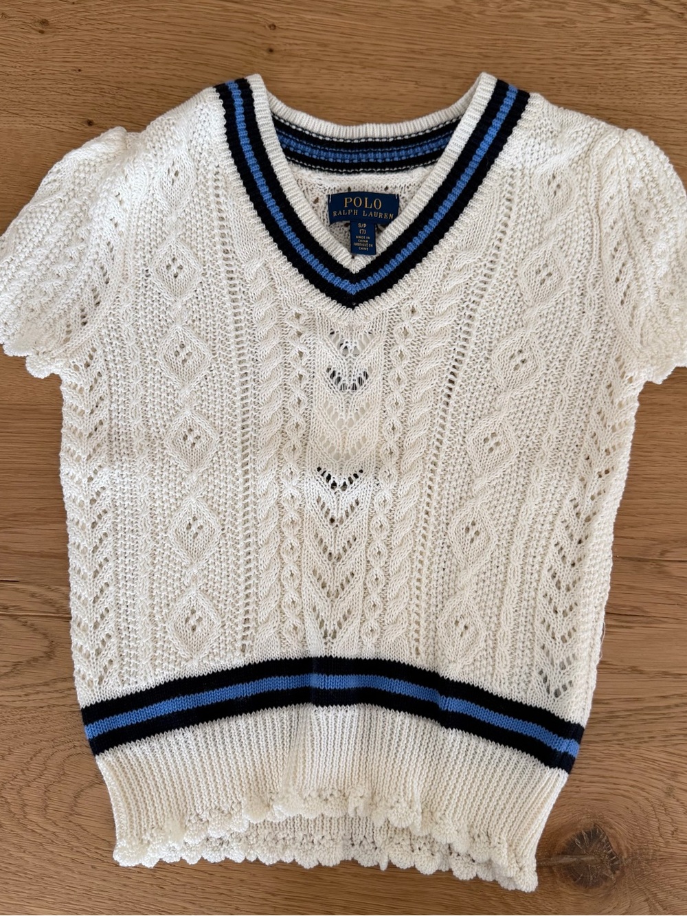 Polo by Ralph Lauren Cream Cable Knit V-Neck Vest with Blue Stripes